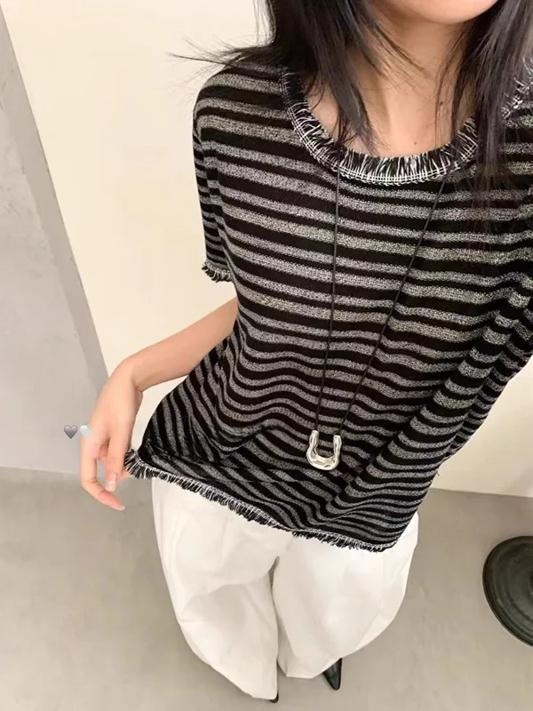 Zomer Kant Trim Linnen Gebreide Svel Ronde Ne Open Vest Vrouwen Vest T-shirt Koreaanse Sle Loose Fit Creatief Patroon