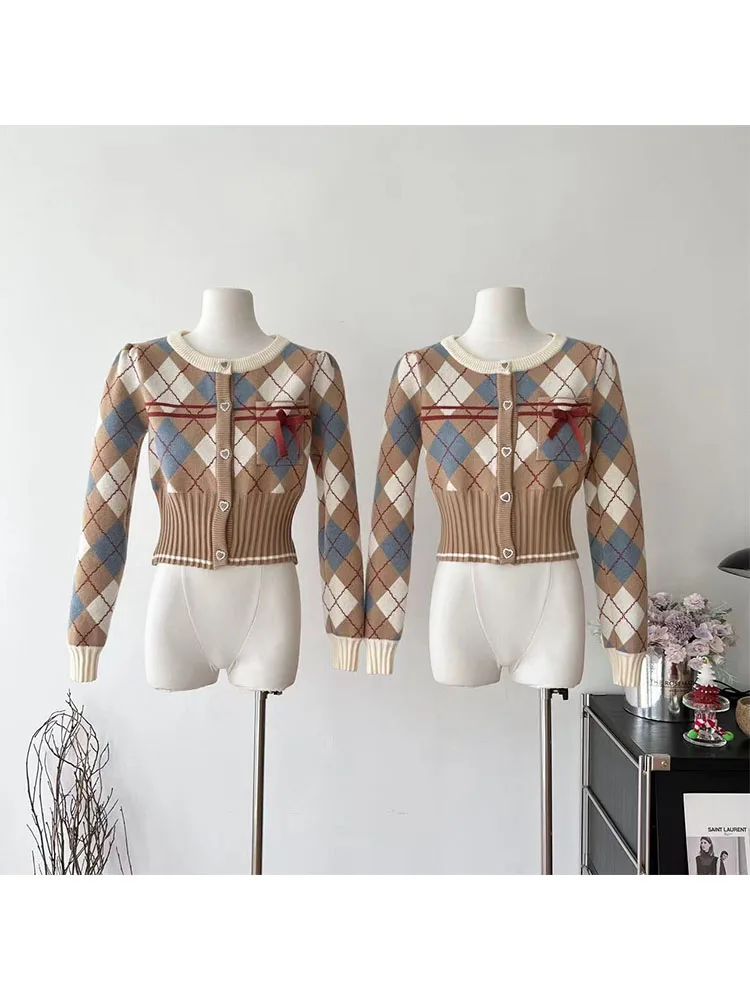 Fall Winter Women Preppy Style Contrast Color Plaid Cardigan Old Money Cropped Sweater 2000s Knitwears Vintage Aesthetic Mori