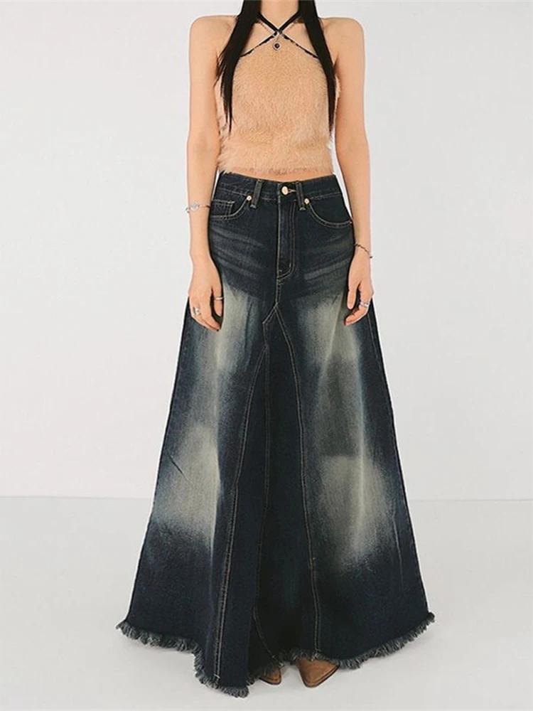 Women's Blue A-line Denim Skirt Y2k Long Jean Skirts Harajuku Vintage Elegant Korean Aesthetic Cowboy Skirt 2000s Clothes 2024