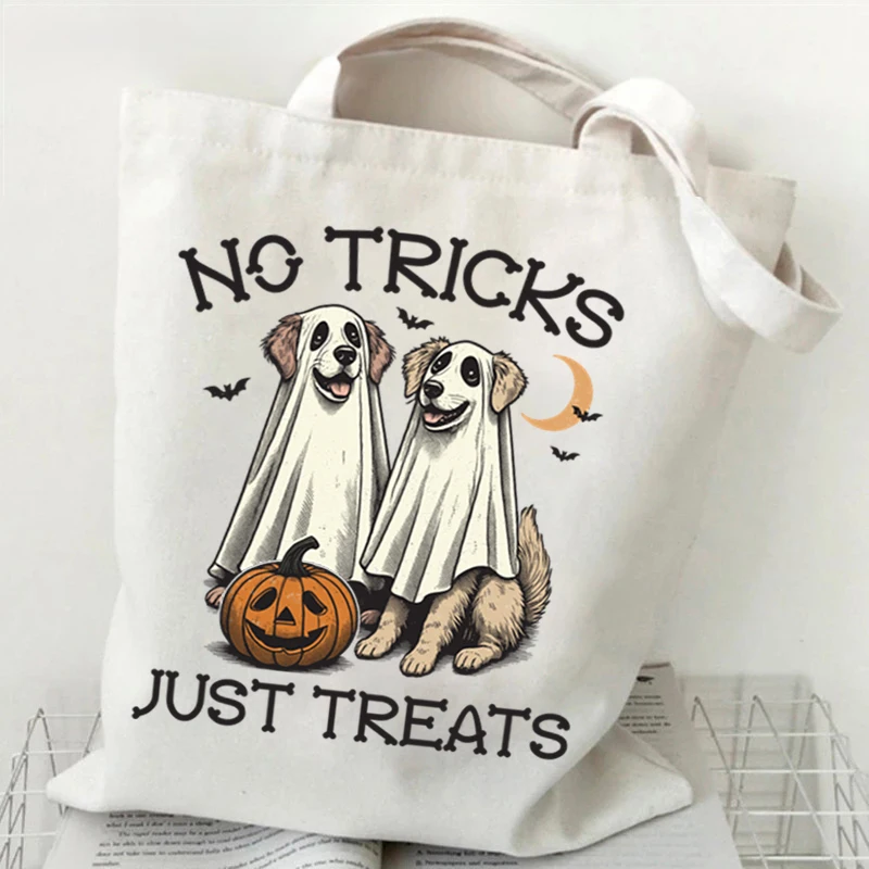 Borse portaoggetti versatili per amanti dei cani Borsa per la spesa in tela unisex con zucca fantasma di Halloween Borse tote da donna di Halloween