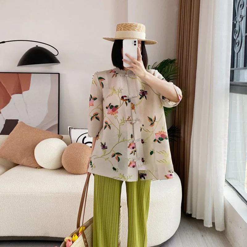 Top women summer aging pleated shirt mother high-end clothing blouse