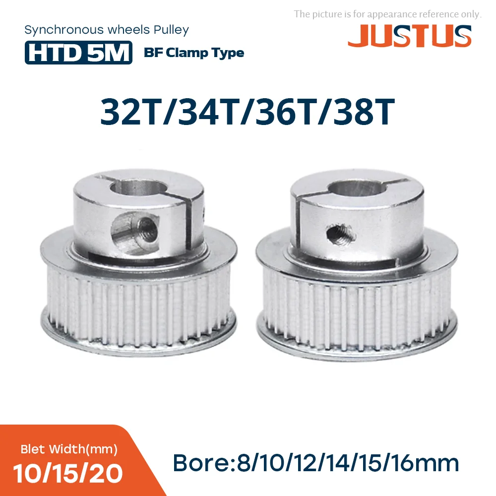 

32T/34T/36T/38 Tooth HTD 5M BF Clamping Type Synchronous Wheels Bore 8-16mm for Belt width 10/15/20mm 3D Printer Accessories