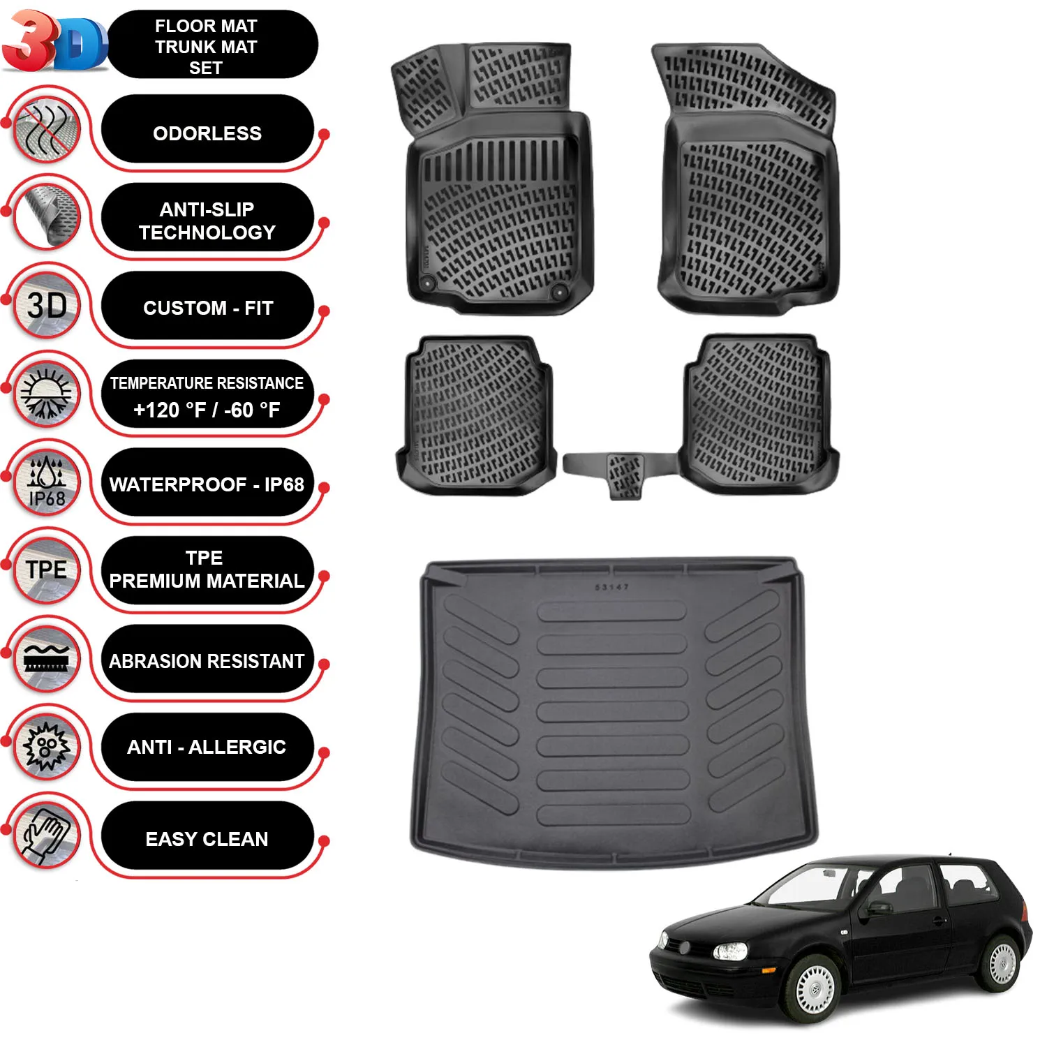 

Volkswagen Golf 4 - (1997-2005) - Floor Mats + Cargo Trunk Liner - SET - (Black)