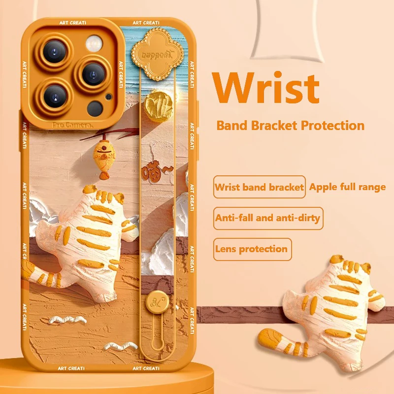 Deluxe Oval Wrist Band Bracket Applicable Iphone 11 12 13 14 15 Pro Max X Xr Xs Soft Silicone Cell Phone Case Steal The Fish Cat