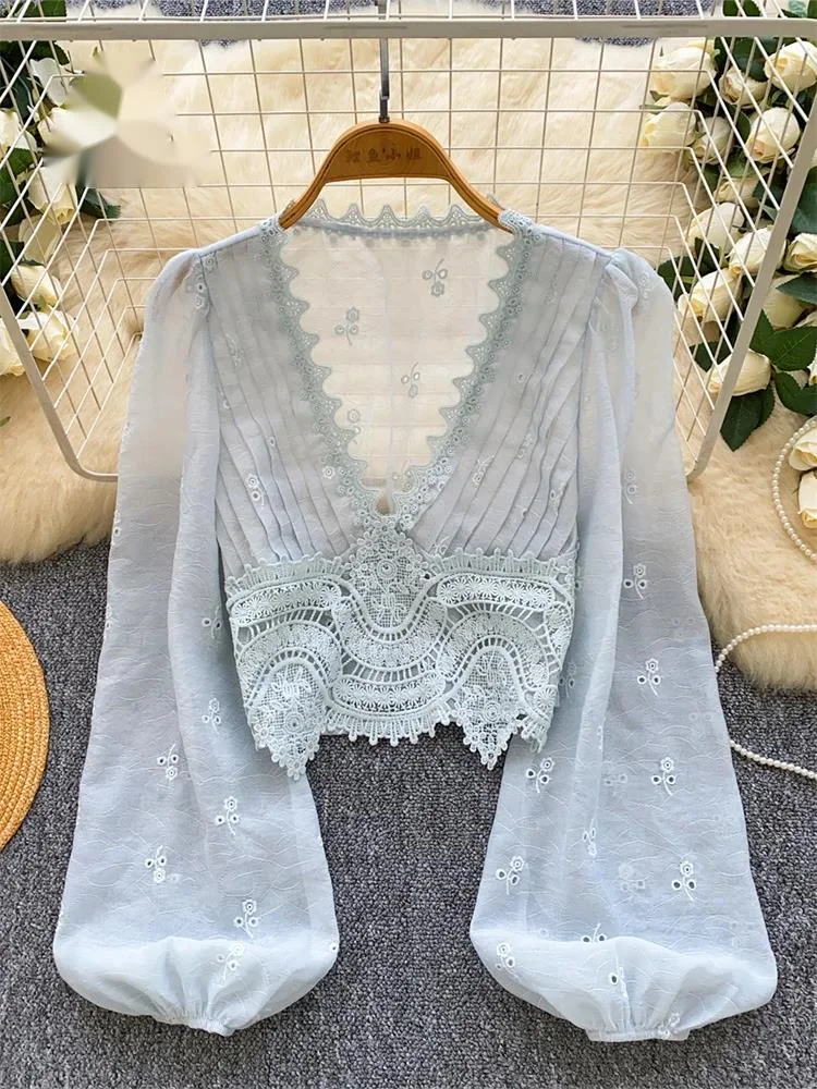 Autumn Embroidery Vintage Blouse Female Deep V Neck Long Sleeves Floral French Vacation Hollow Out Cotton Casual Shirt