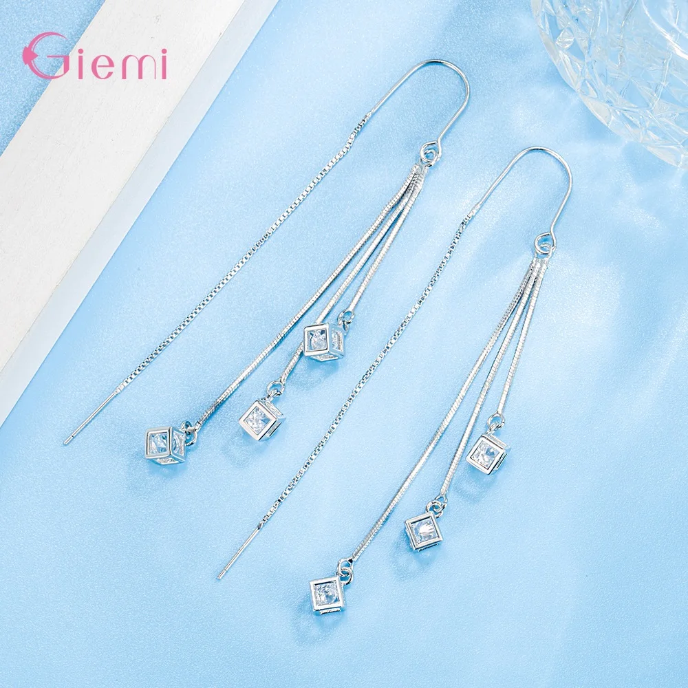 925 Sterling Silver Jewelry New Fashion Hot Sale Square Cube Cubic Zircon Stone Tassel Pendientes Earrings for Women Girls