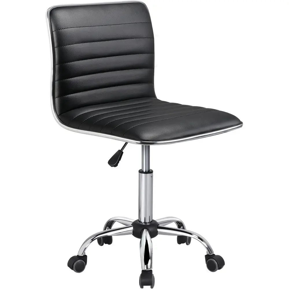 Adjustable Task Chair PU Leather Low Back Ribbed ArmlSwivel Black Desk Chair Oice Chair Wheels