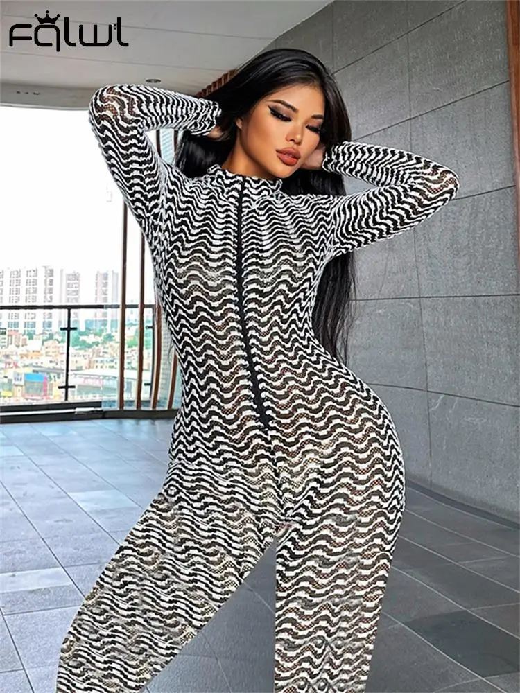 

Habbris Fall White Black Striated Bodycon Jumpsuits Street Casual Clothing For Woman Sexy Pink See Through Long Sleeve Jumpsuits