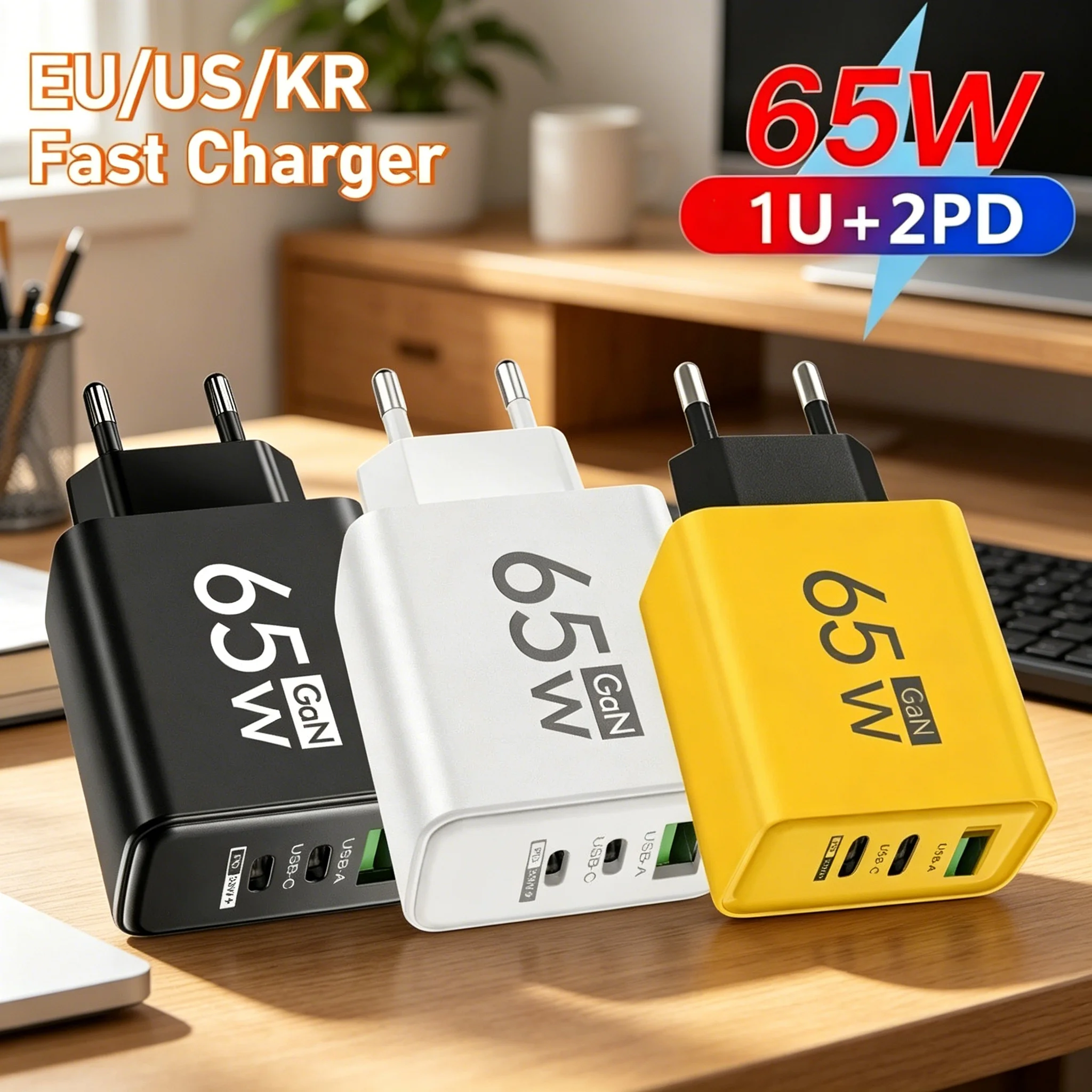 65W 3-Port USB GaN Ladegerät PD Typ-C Schnellladegerät Handy-Ladeadapter für iPhone15 Xiaomi Samsung Oneplus Wandadapter