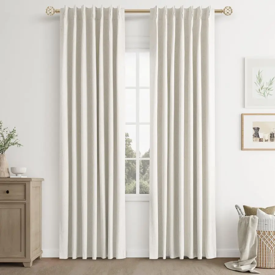Cortinas de Linho Bege Natural com Pregas Plissadas, 84 Polegadas de Comprimento, 2 Painéis, 100% Opacas, Estilo Boho Neutro Creme
