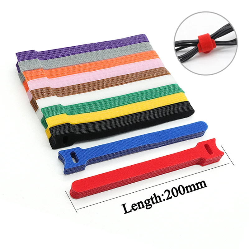 50/100pcs T-Type 12x200mm Hook & Loop Nylon Cable Ties Tape Reusable Fastener Adjustable Wire Management Cable Organizer