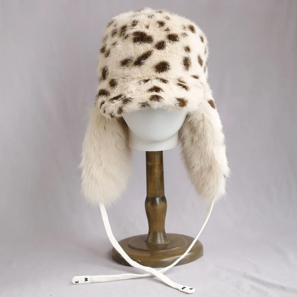 

Bomber Hat Earflap Women Winter Fluffy Leopard Print Visor Warm Accessory For Cold Weather Autumn Outdoor Skiing Holiday