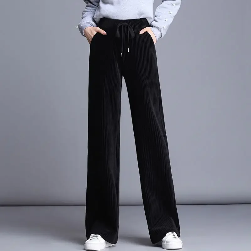 Elastic Waist Straight Leg Baggy Clothes Corduroy Drawstring Female Pants Loose Trousers for Women Black Vintage Slacks One Size