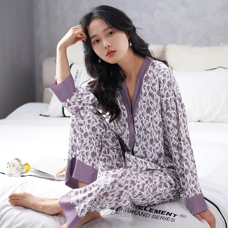 

Womens Silk Satins Pajamas Set V Collar Pyjamas Long Sleeves Suit Small Floral Female Sleepwear Spring Homewear Home Services