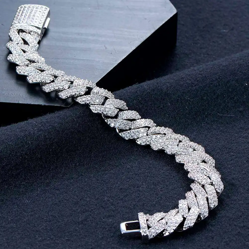 Luxury New Fashion Rhodium Plated 14mm Width 8inch Mens Moissanite Cuban Link Chain Charm Bracelet.