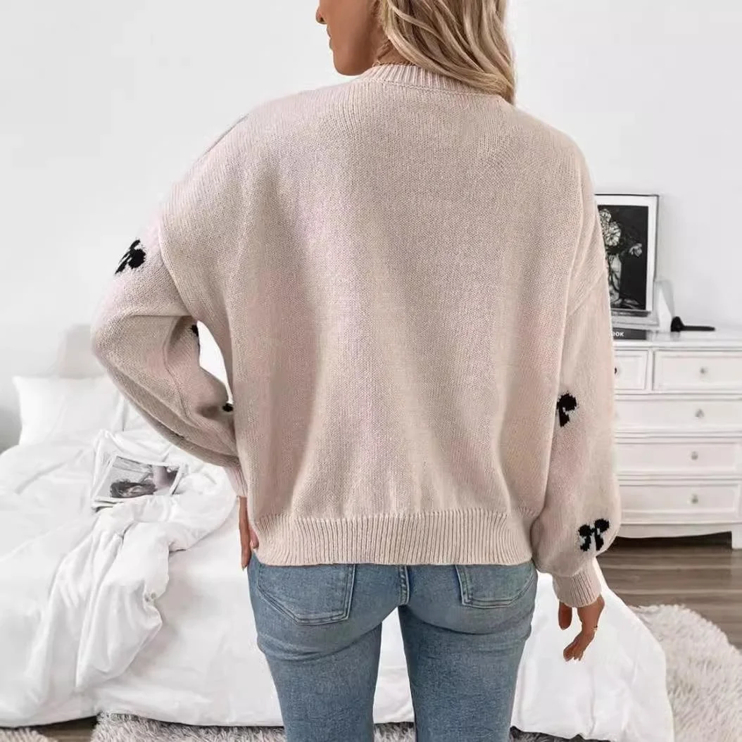 Suéter de malha feminino de design simples com nó outono Faion Fce Long Sve Crew Ne pulôver padrão de flor