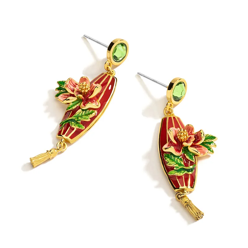 السنة الجديدة الصينية-شيك العرقية نمط الفاوانيا الحمراء فانوس أقراط طويلة النمط الوطني الرجعية شخصية الدوبامين يرتدي المجوهرات