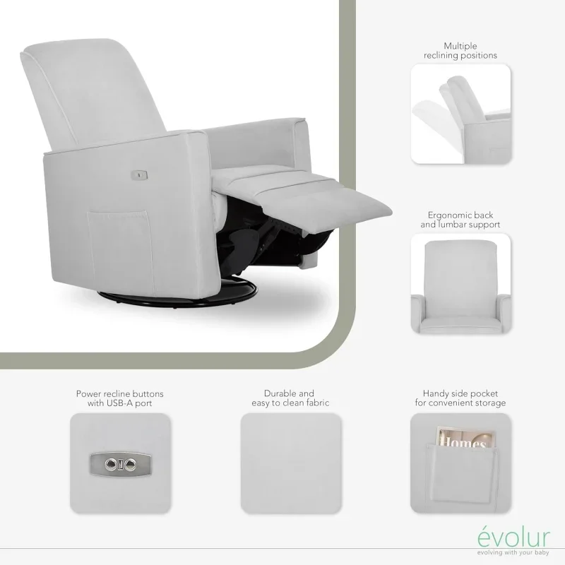 Evolur-asiento de felpa tapizado Harlow Deluxe, balancín deslizante, giratorio, reclinable eléctrico con puerto USB, certificado Greengard Gold, Gl