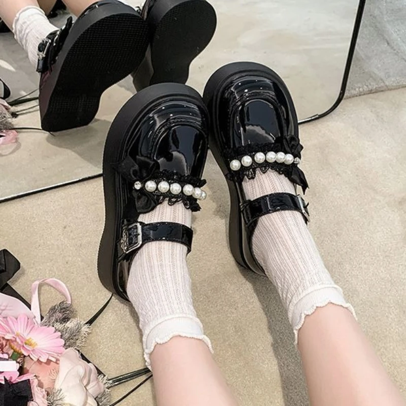 Versatile Lightweight Bow Round Toe Mary Jane Shoes Women 2026 New Pearl Platform Thick Sole JK Japanese Style
