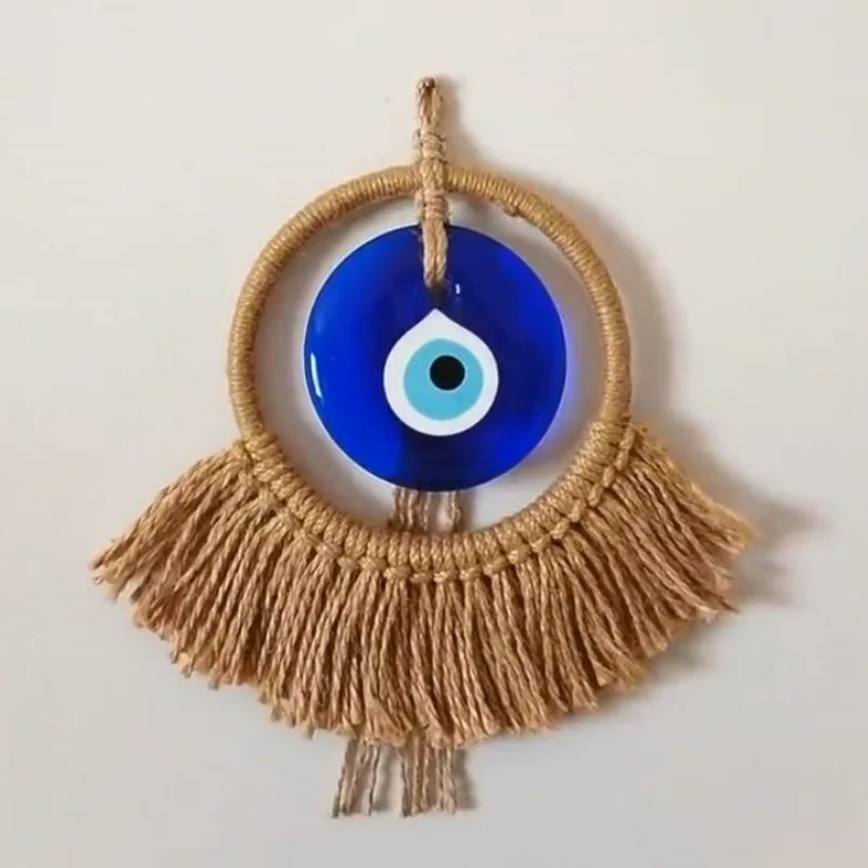 Handmade Turkish Blue Eye Hanging Decoration Woven Round Hoop Evil Eye Pendant European and American Style Blue Glass Ornament