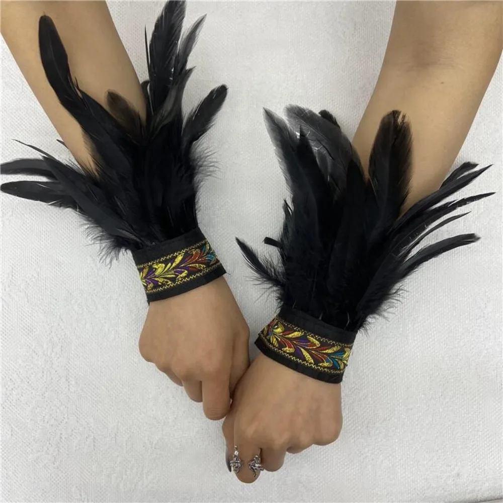 1 Piar Gothic Halloween Carnival Feather Wrist Cuff Adjustable Straps Embroidered Band Feather Bracelet Unisex