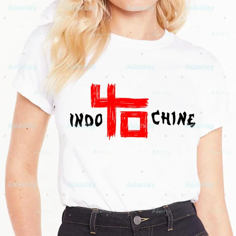 تي شيرت مطبوع للنساء من Indochine ، تي شيرت ، برقبة مستديرة ، أكمام قصيرة ، موجة صخرية ، رأس فرقة فرنسية ، كاجوال ، صيفي