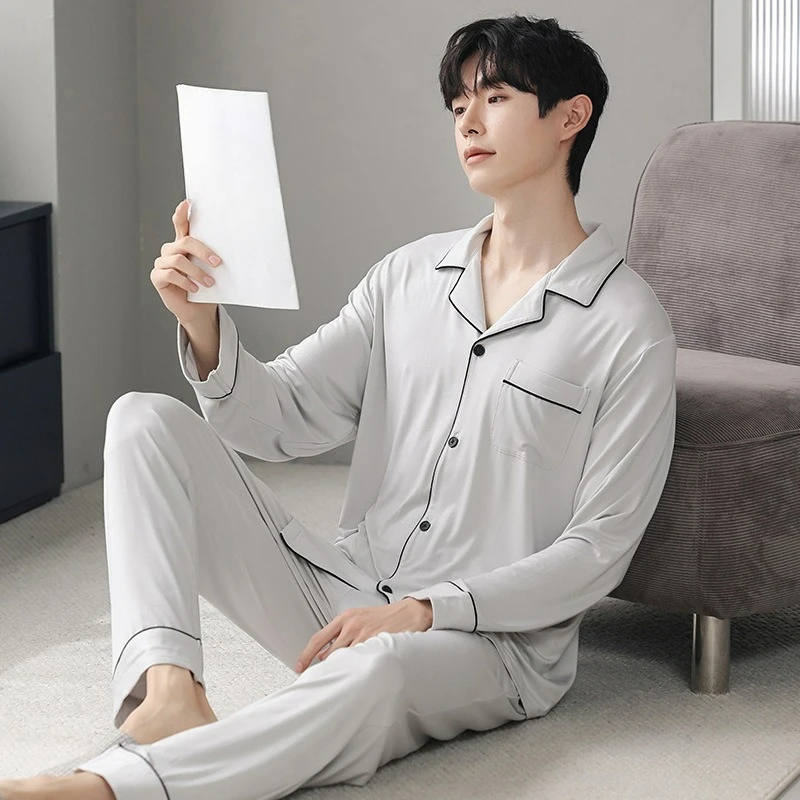 بيجامات رجالية للربيع والخريف سراويل مشروط بأكمام طويلة النسخة الكورية مجموعة ملابس تنحيف مقاس كبير مشاية تهوية #3