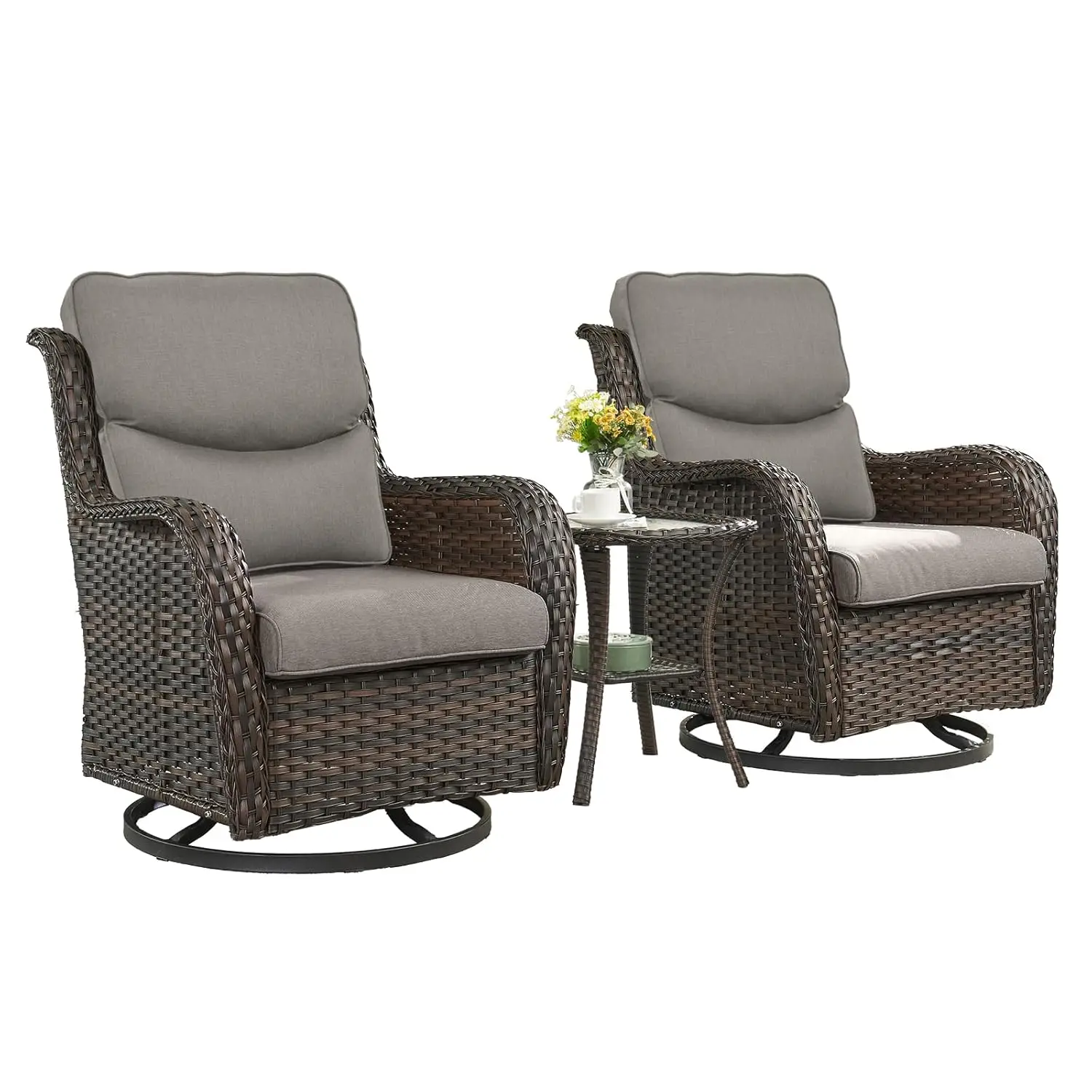 

Комплект из 3 плетеных кресел-качалок для бистро с поворотным механизмом, из ротанга, для веранды, террасы, сада, улицы, со стеклянным столом, на заказ