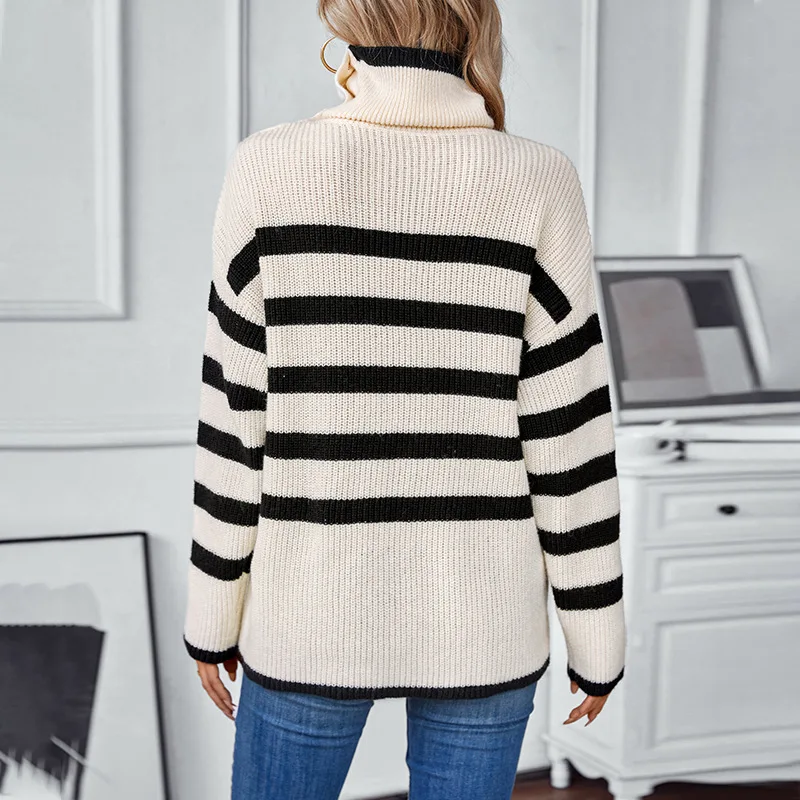 Color Blocking Striped Pullover Women's Lapel Button Fashionable Autumn And Winter New Casual Long Sleeved Knitted Sweater