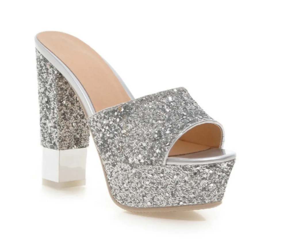 

Hot Sale Sexy Rhinestone Thick Platform Silver Sandals Square Open Toe High Chunky Heels Gorgeous Beautiful Shoes Size 33-43