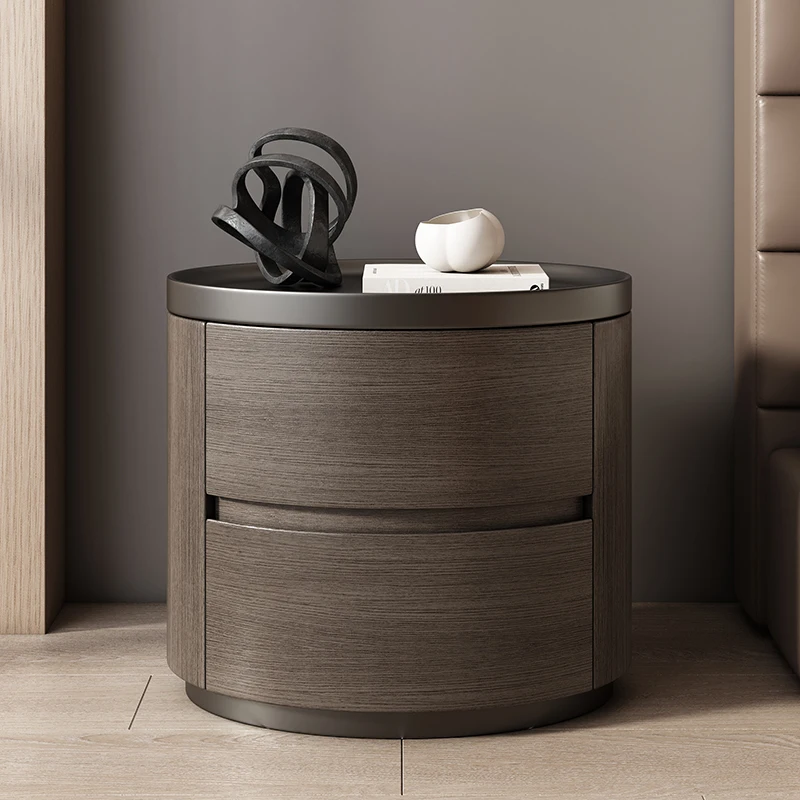 Modern wabi sabi simple light luxury high-end 2026 new solid wood walnut pattern leather bedside table storage 2 drawers
