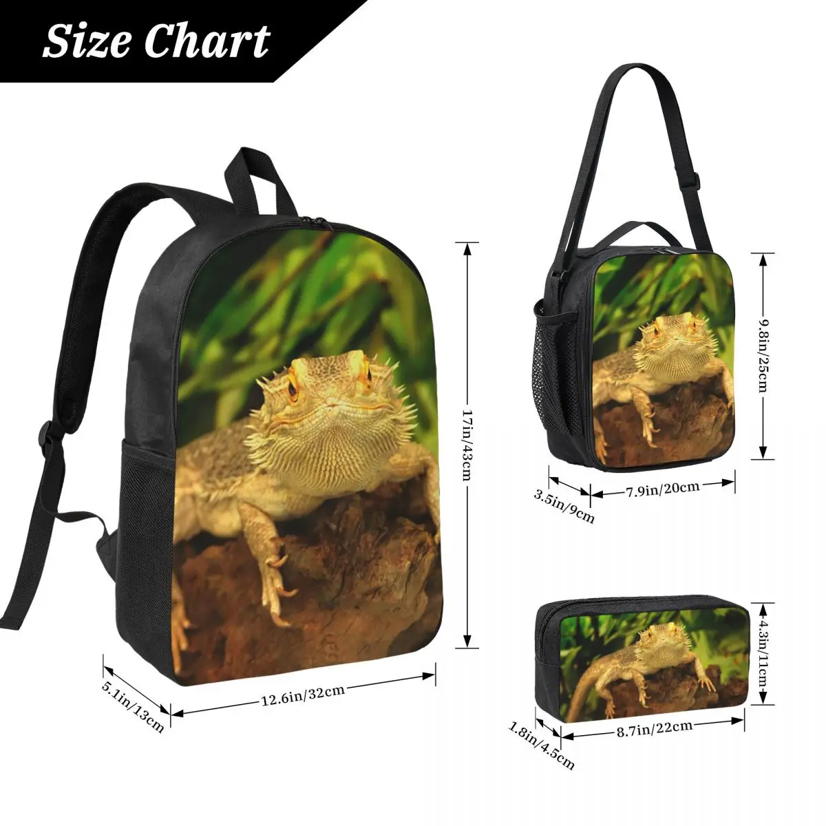 Bearded Dragon Backpack Student Boys Girls BookBag School Bag Laptop Shoulder Bags 3ps Insulated Lunch Bag Pencil Case