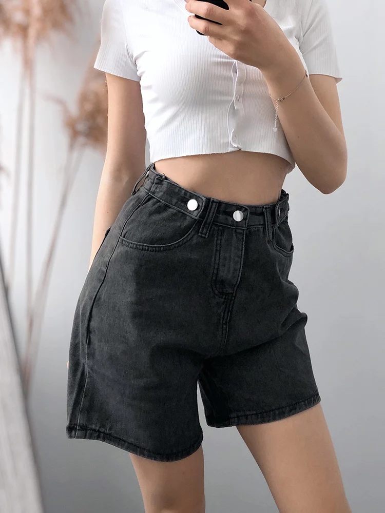 FTLZZ-pantalones cortos de cintura alta para mujer, vaqueros con botones, pierna ancha, informales, holgados, color azul, novedad de verano