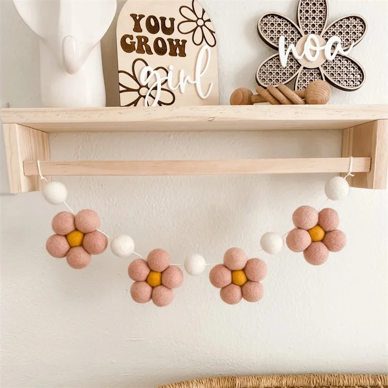 Boho Handmade Wool Felt Daisy Flower Garlands Kids Room Wall Haninging Decoration Pennant Baby Shower Party Banner Photo Props