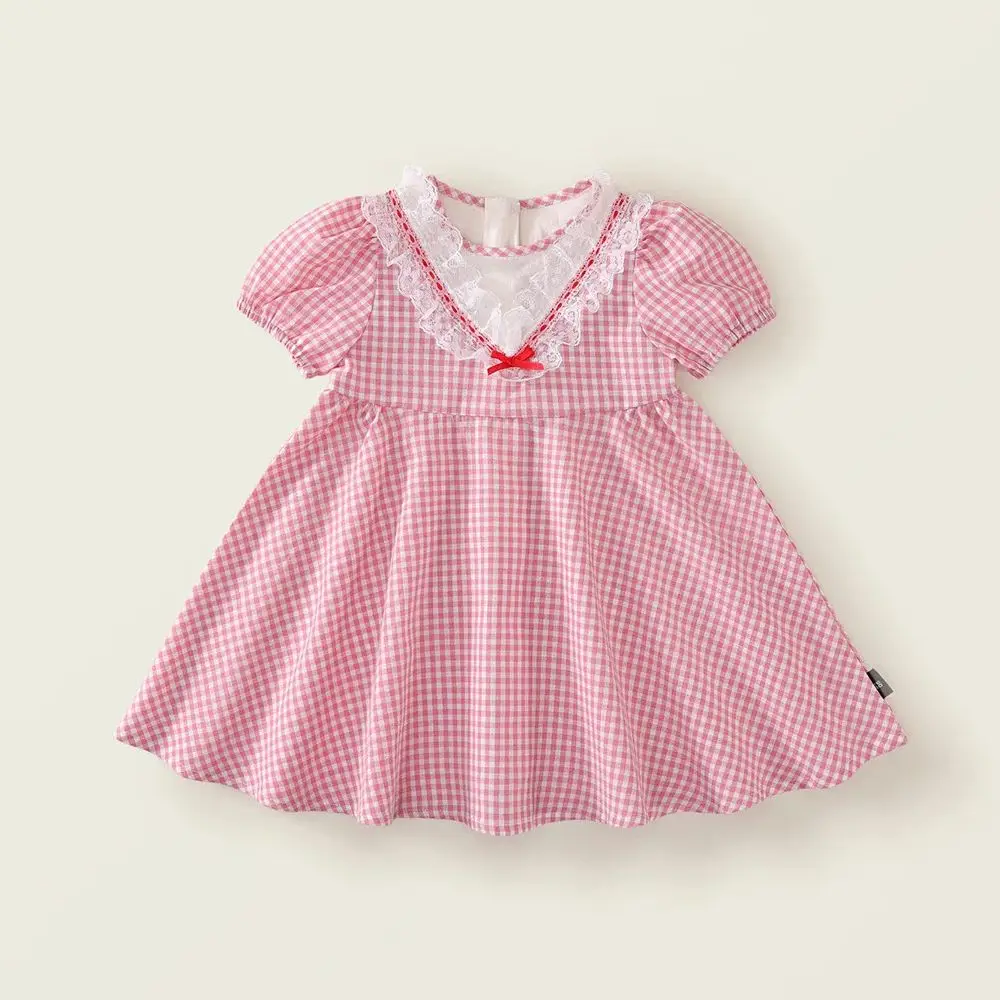 

2025 Summer Baby Girls Clothes Casual Dress For Kids Short Sleeves Loose Lattice Dress Retro Princess Dresses For Children