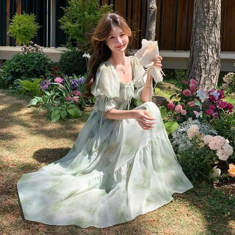 Robe à fleurs Vintage pour femmes, élégante, en mousseline de soie, robe de soirée coréenne, manches bouffantes, col en V, mi-longue, robes d'automne pour femmes, 2025