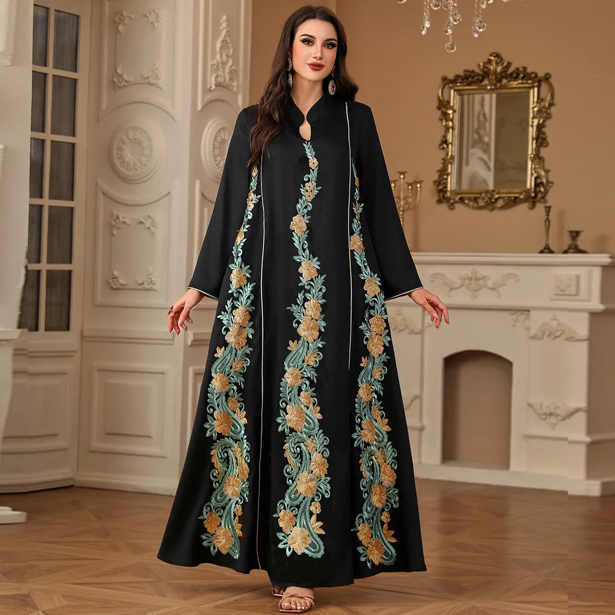 4215 Muslim Women's Robe New Embroidered Splicing Arab Long Sleeve Dress