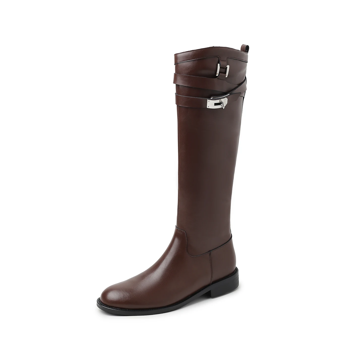 Arden Furtado Autumn Burgundy Cowhide Riding Boots Round Toe Pull-On Middle Heel Knee High Boots Large Size Women's Boots