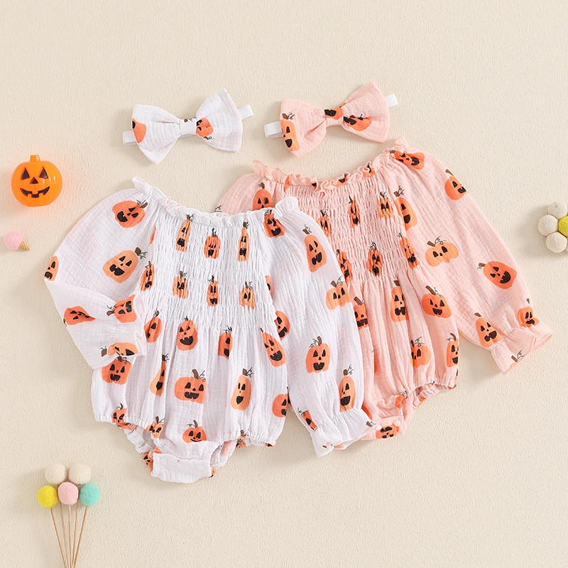 

Newborn Baby Girl Jumpsuits Outfits Long Sleeve Off-shoulder Pleated Pumpkin Print Romper with Hairband Halloween Clothes Set