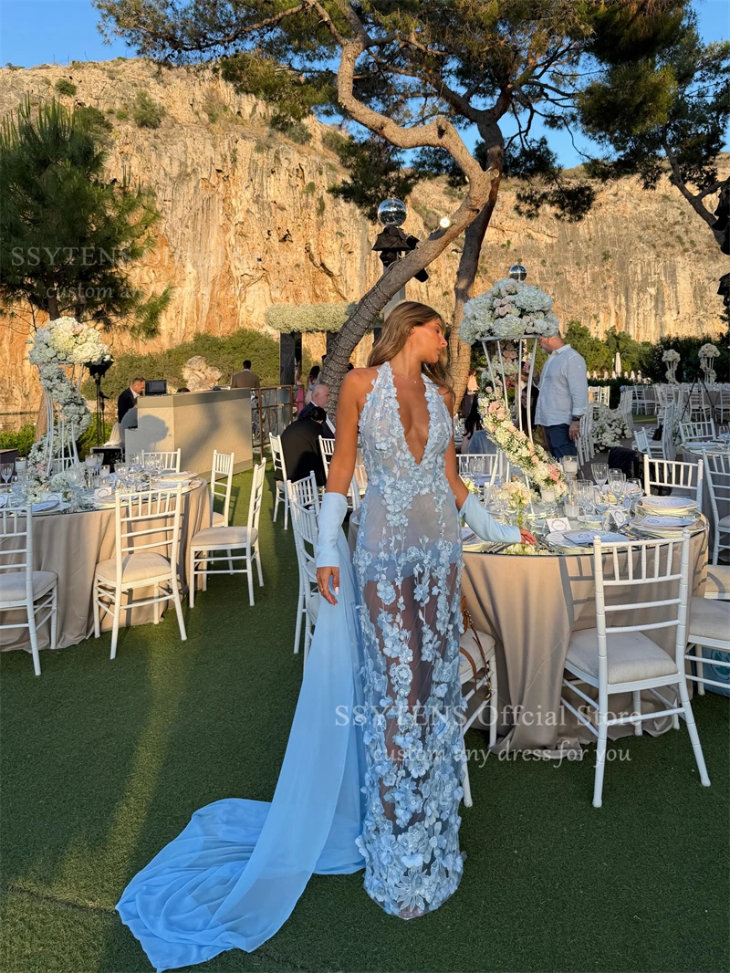 SSYTENS Attractive Appliques Halter Evening Dresses for Women Mermaid Formal Party Gown Blue Vestidos De Gala Customized Plus