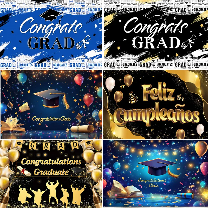 

Black Gold Graduation Background Grad Ceremony Party Decorations Bachelor Hat Glitter Balloons Class Photography Backdrops JM-03