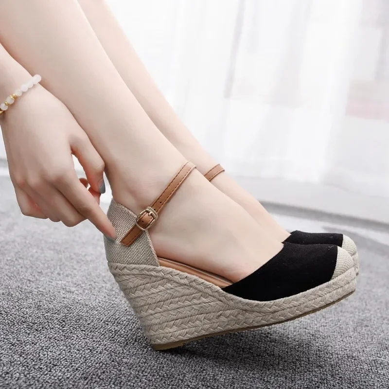 Pumps Women Heeled Sandals Summer Buckle Strap 9CM Wedges Heels Baotou Hemp Rope Grass Mat Woven Thick Bottom Women Shoes