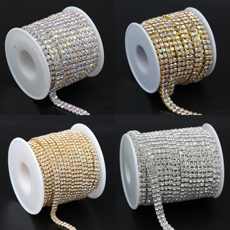 2Rows 10yards/roll Rhinestone AB/clear crystal Chain Gold/Silver claw close Base Cup Chain Apparel Sewing diy  Accessories