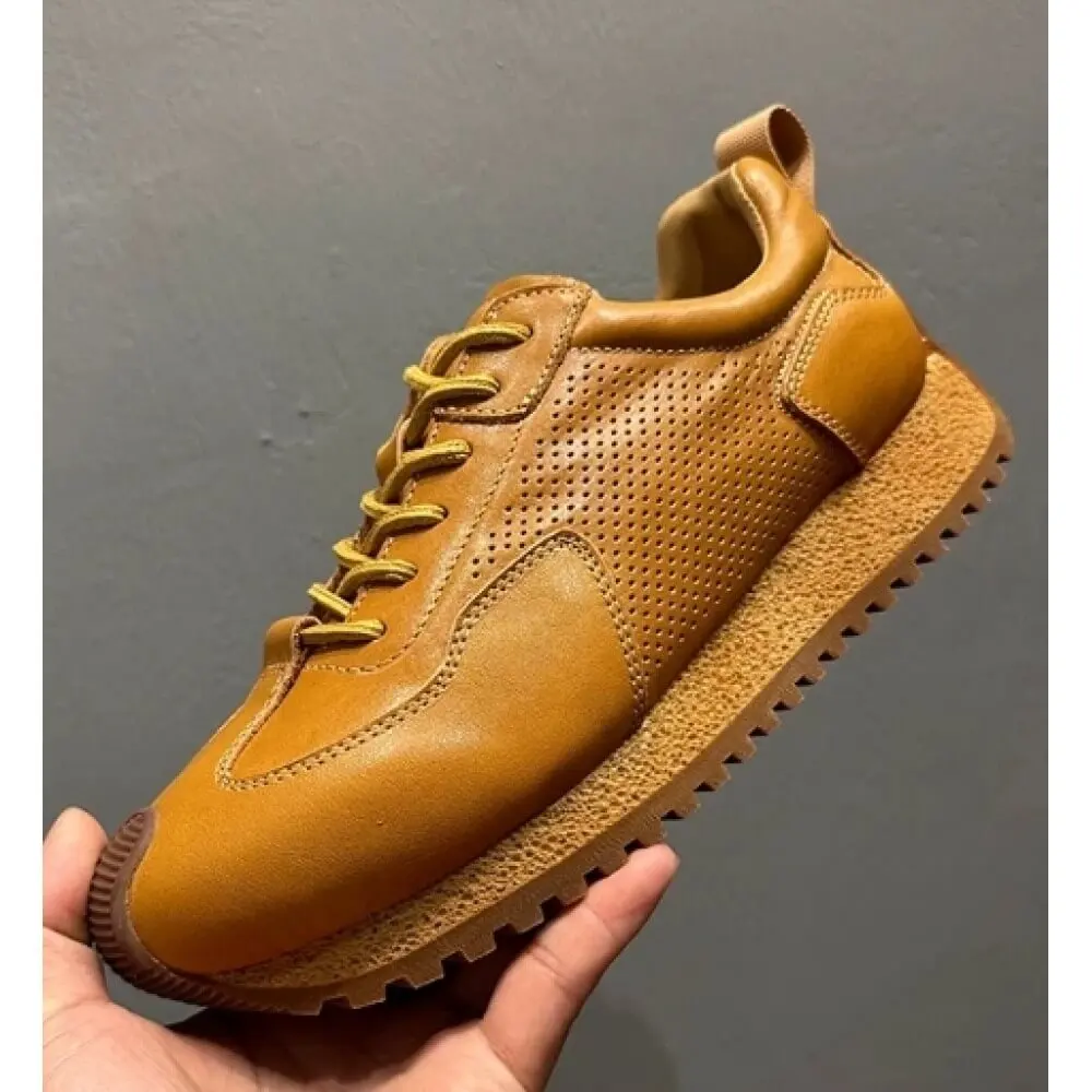 Caramel Perforated Leather Casual Shoes, with retro rubber non-slip thick sole and soft leather