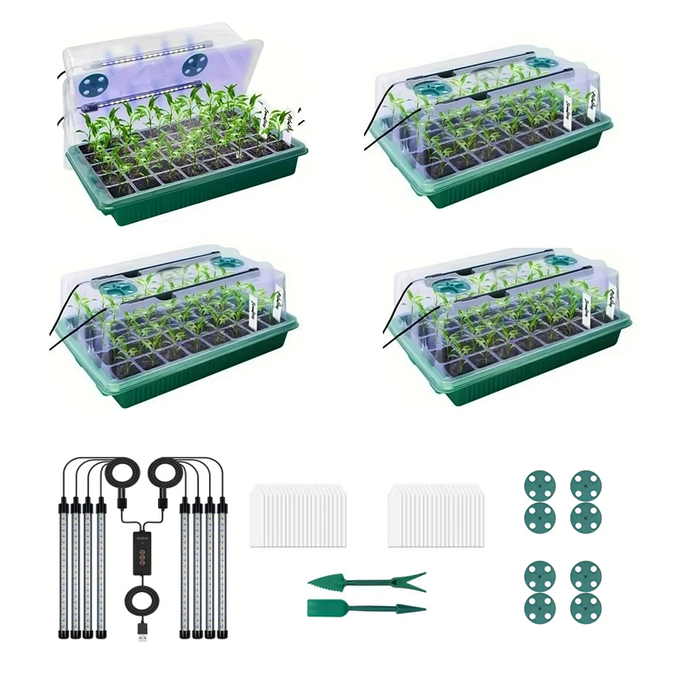 4 Sets of Seed Germination Tray Sets, Equipped with High-Dome Seed Germination Kit - 160 Cells, 8 LED Grow Lights, Smart Timer,