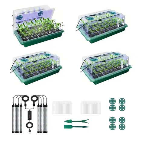 4 Sets of Seed Germination Tray Sets, Equipped with High-Dome Seed Germination Kit - 160 Cells, 8 LED Grow Lights, Smart Timer,