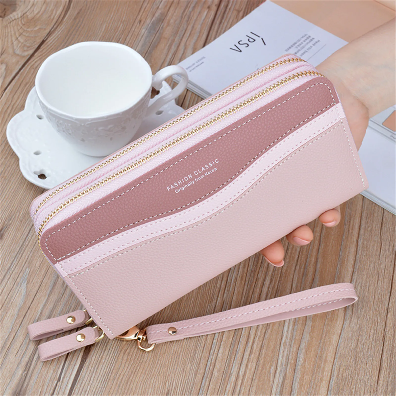 Women\'S New Long Double Zipper Clutch Fashionable Contrast Color Large Capacity Double Layer Wallet Coin Mobile Phone Bag