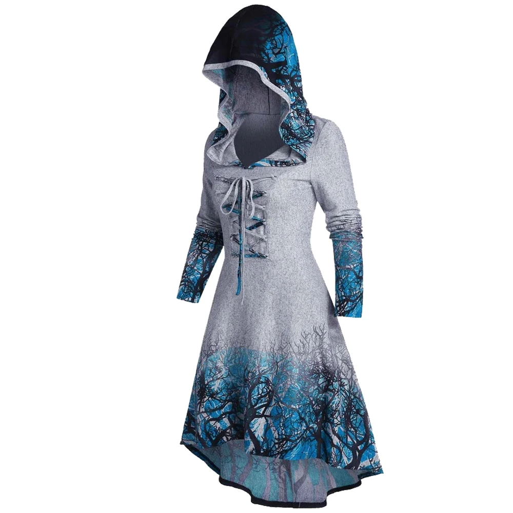 Robe Gothique Évasée à Capuche et Manches sulfpour Femme, Tenue de Soirée Éducative, Décontractée, Mi-mollet, avec Lacets, Haut et Bas, Imprimé Racine d'Arbre, Automne