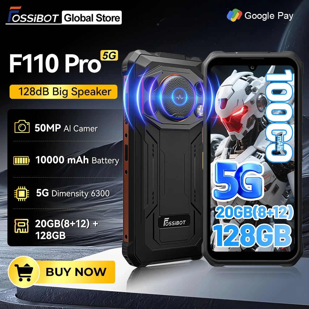 Мировая премьера Fossibot [F110-Pro] Прочный смартфон 5G Android 15, 20 ГБ (8+12) 128 ГБ, 10000 мАч, 6,745 дюйма, HD + 50 МП, 128 дБ, динамик NFC