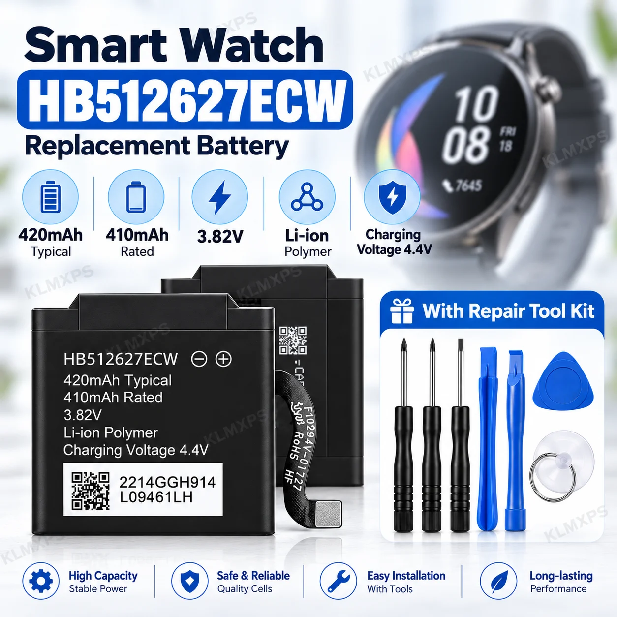 HB512627ECW Battery 3.82V 420mAh Li-ion Polymer Replacement Battery for Watch 2 Watch 2 Pro Smart Watch Repair with Tool Kit